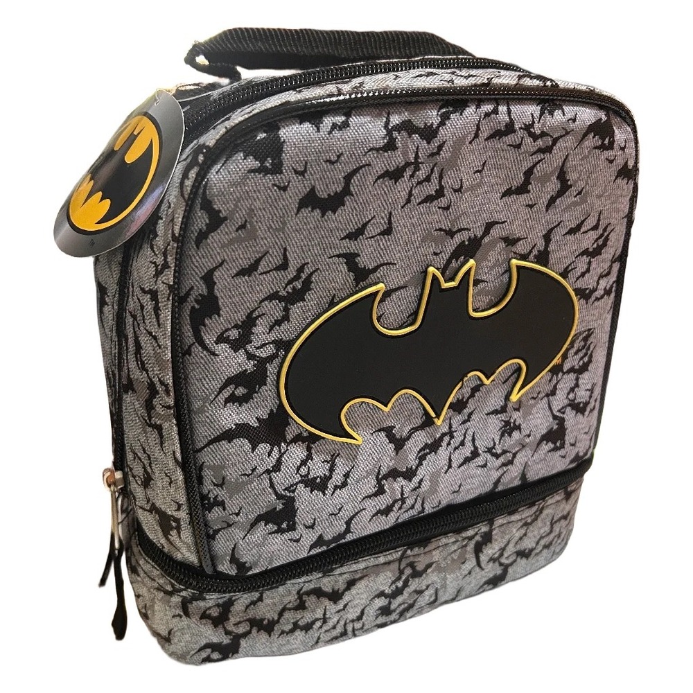 DC Comics Batman Kids Dual Compartment Insulated Lunch Bag Grey Bat Camo NWT